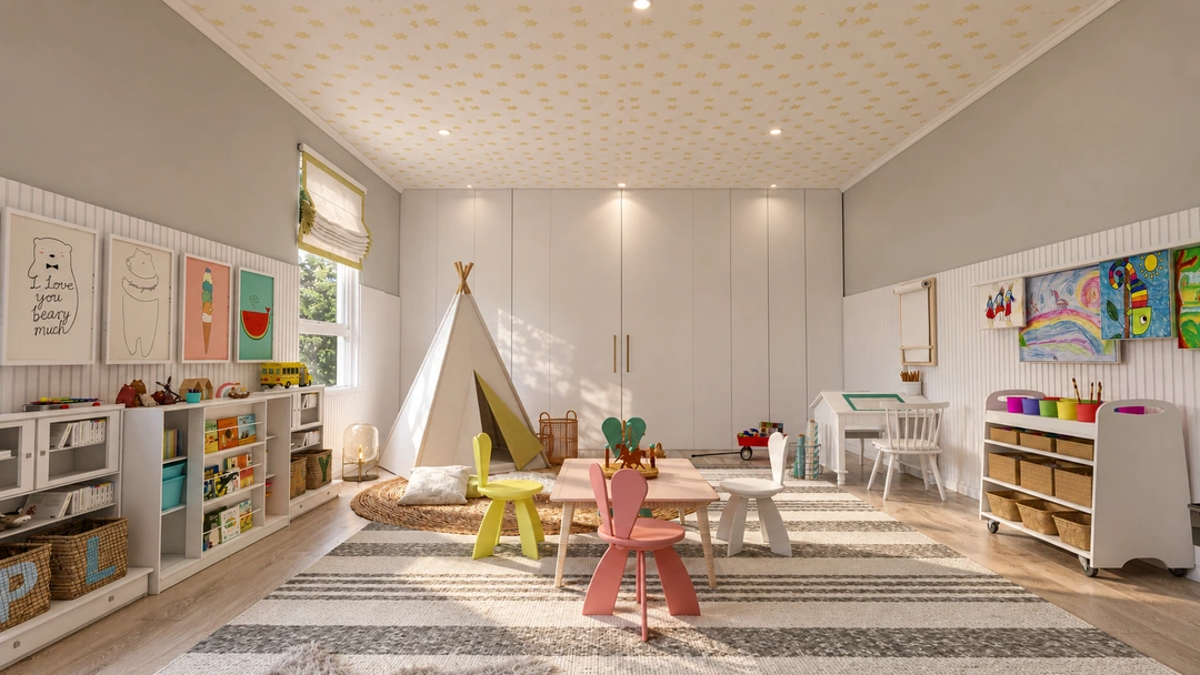 Playroom reading area and tall white shelves — Cutler Bay, FL, Studio Dalika; project view 3