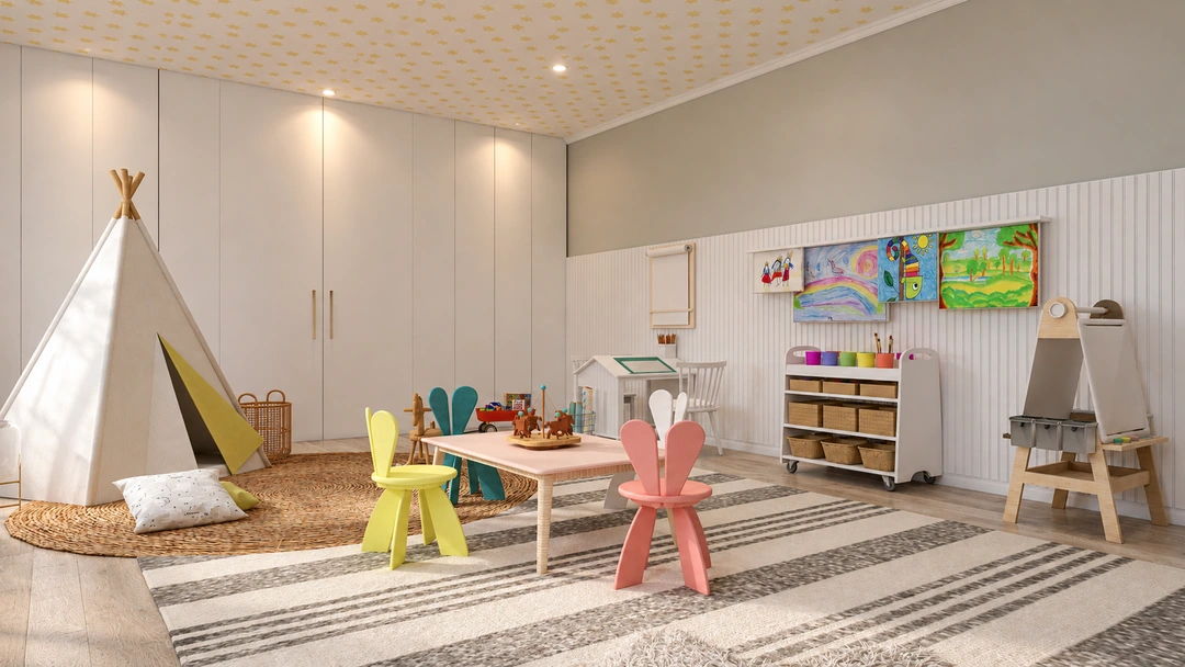Playroom with a low activity table at night — Cutler Bay, FL, Studio Dalika; project view 4