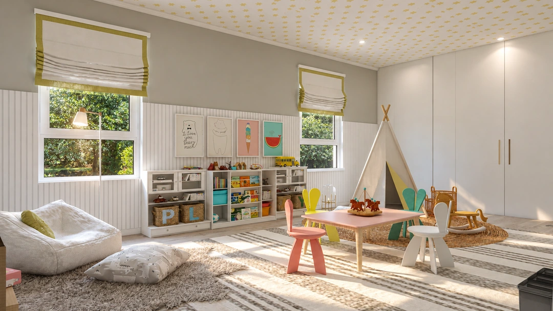 Bright playroom with small chairs and storage bins — Cutler Bay, FL, Studio Dalika; project view 5