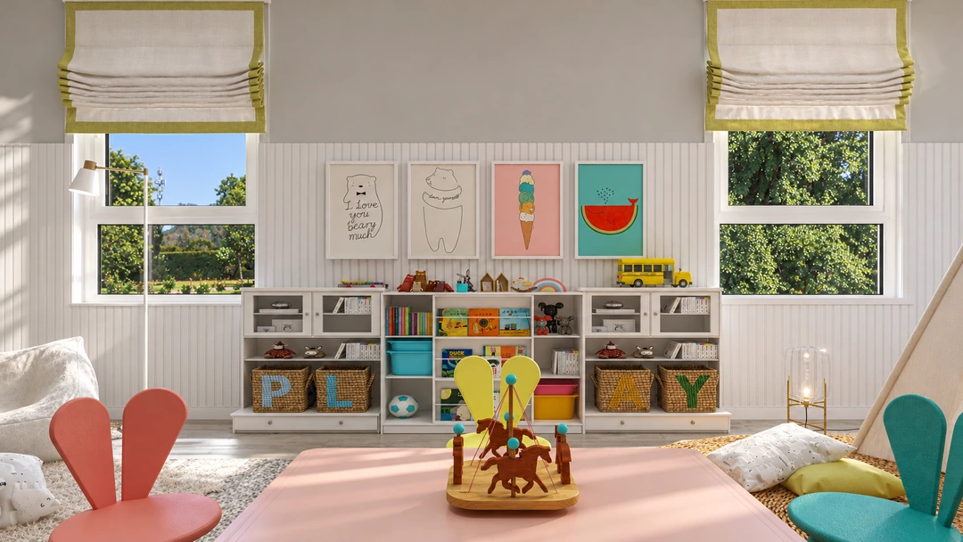 Colorful playroom with a low table and shelves — Cutler Bay, FL, Studio Dalika; project view 6