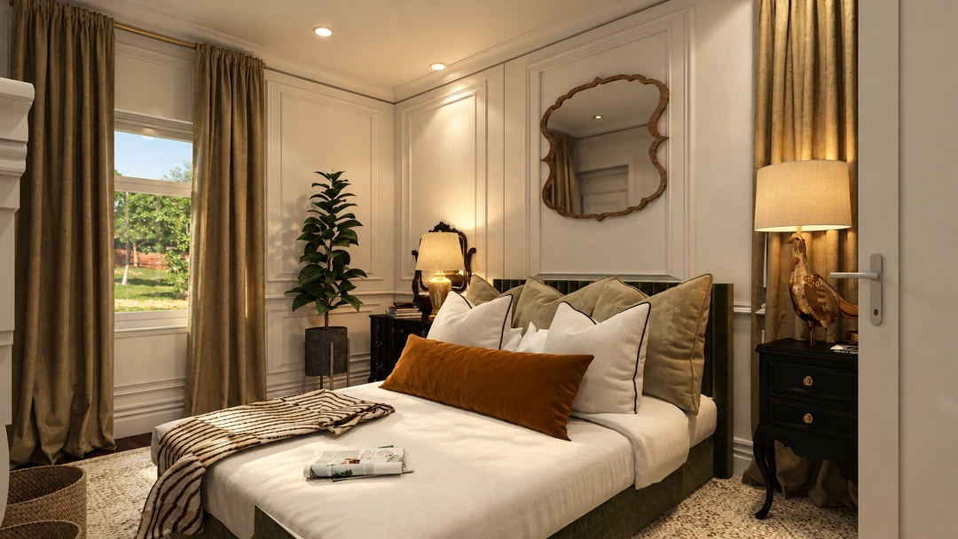 Bedroom with pale bedding and a large framed mirror — Greenville, SC, Studio Dalika