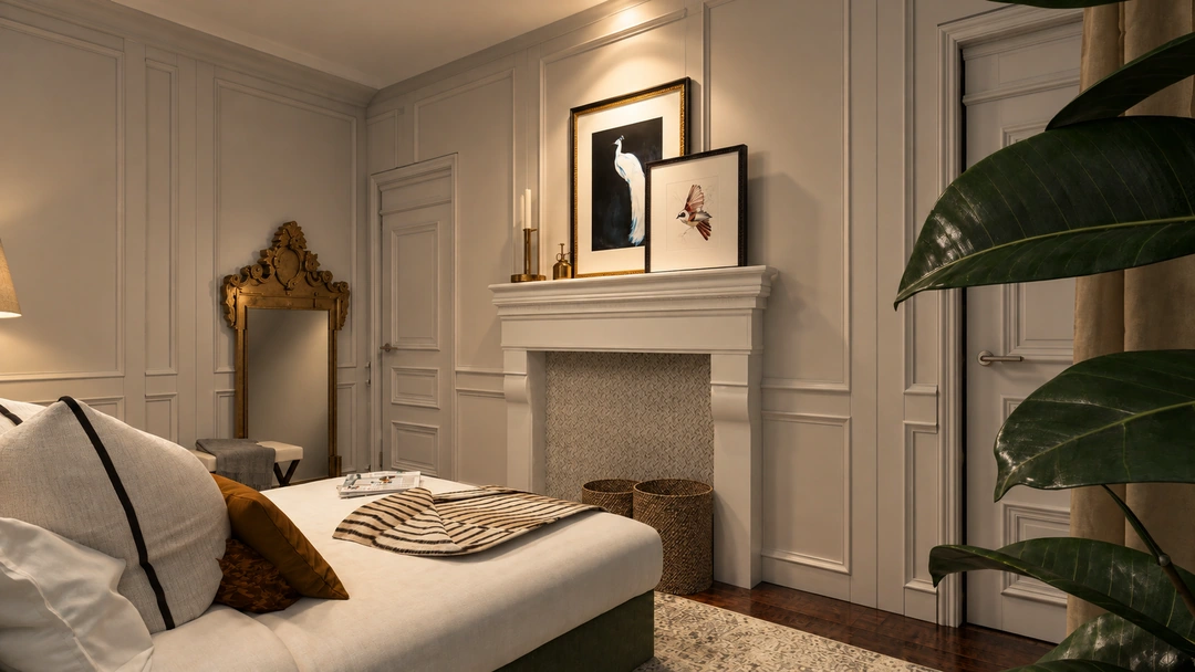 Bedroom and upholstered reading chair in daylight — Greenville, SC, Studio Dalika; project view 3