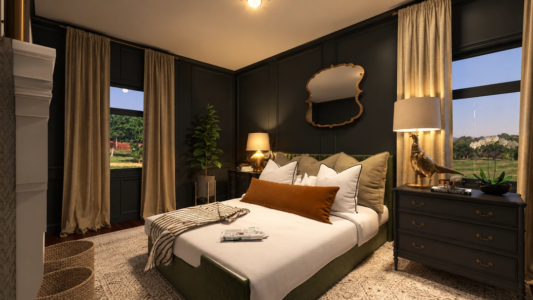Bedroom beneath an ornate ceiling light at night — Greenville, SC, Studio Dalika; project view 4