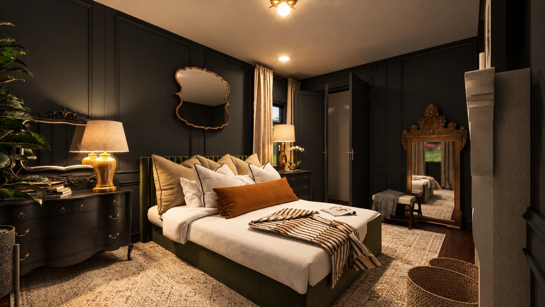 Bedroom with a dressing table at night — Greenville, SC, Studio Dalika; project view 5