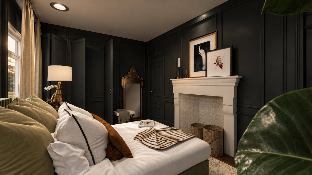 Bedroom with dark walls and warm bedside lighting — Greenville, SC, Studio Dalika; project view 6