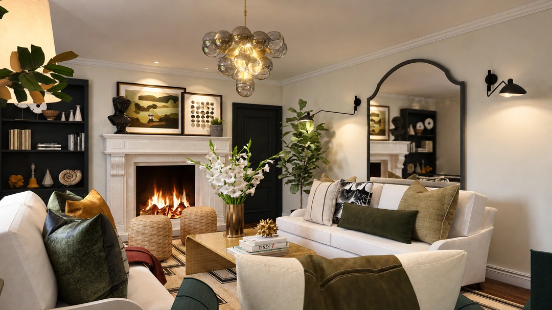 Living room and arched mirror above a fireplace — Greenville, SC, Studio Dalika