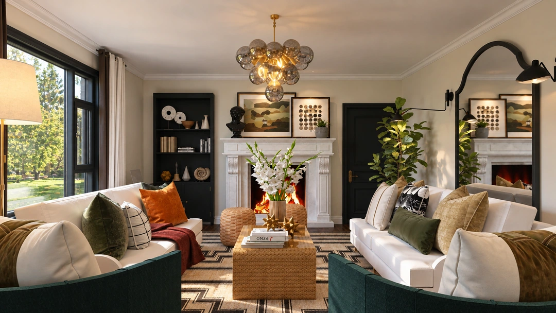 White sofa and decorative shelving in daylight — Greenville, SC, Studio Dalika; project view 4