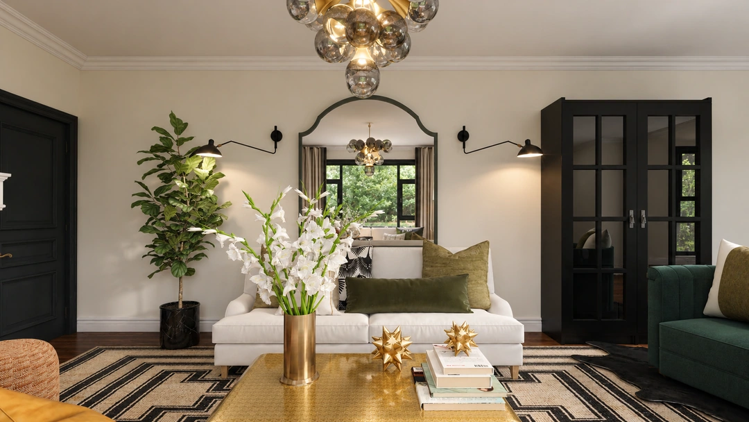 Pale sofa and brass-toned coffee table in daylight — Greenville, SC, Studio Dalika; project view 5