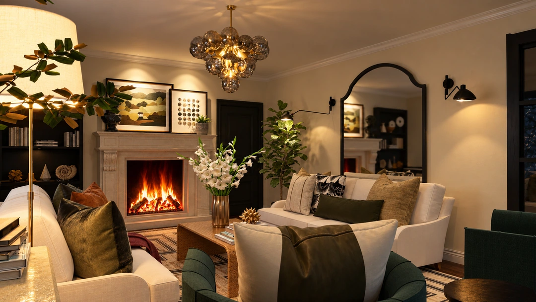 Living room and a floral arrangement at night — Greenville, SC, Studio Dalika; project view 6