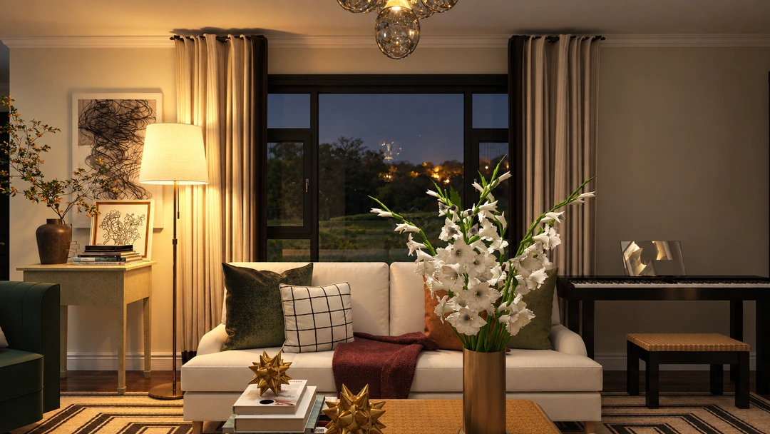 Living room and illuminated fireplace at night — Greenville, SC, Studio Dalika; project view 8