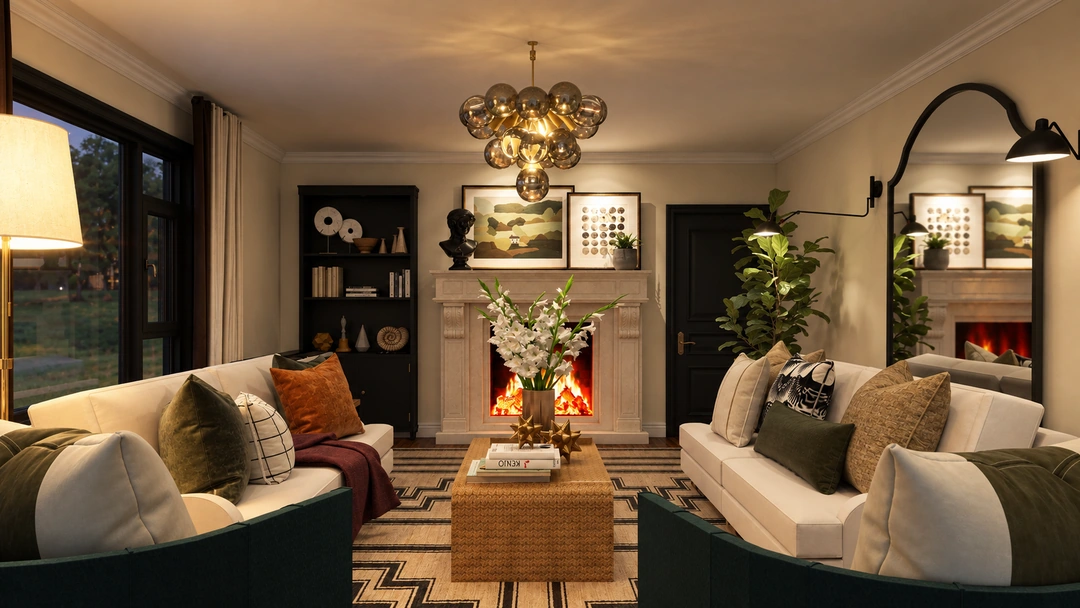 Living room with fireplace and upholstered armchairs at night — Greenville, SC, Studio Dalika; project view 9