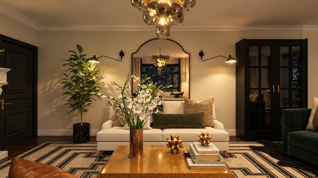 White sofa and round mirror beside a fireplace at night — Greenville, SC, Studio Dalika; project view 10
