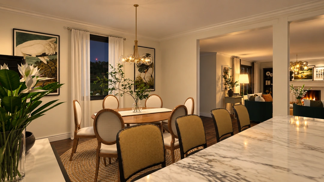 Dining table and adjoining living room at night — Greenville, SC, Studio Dalika