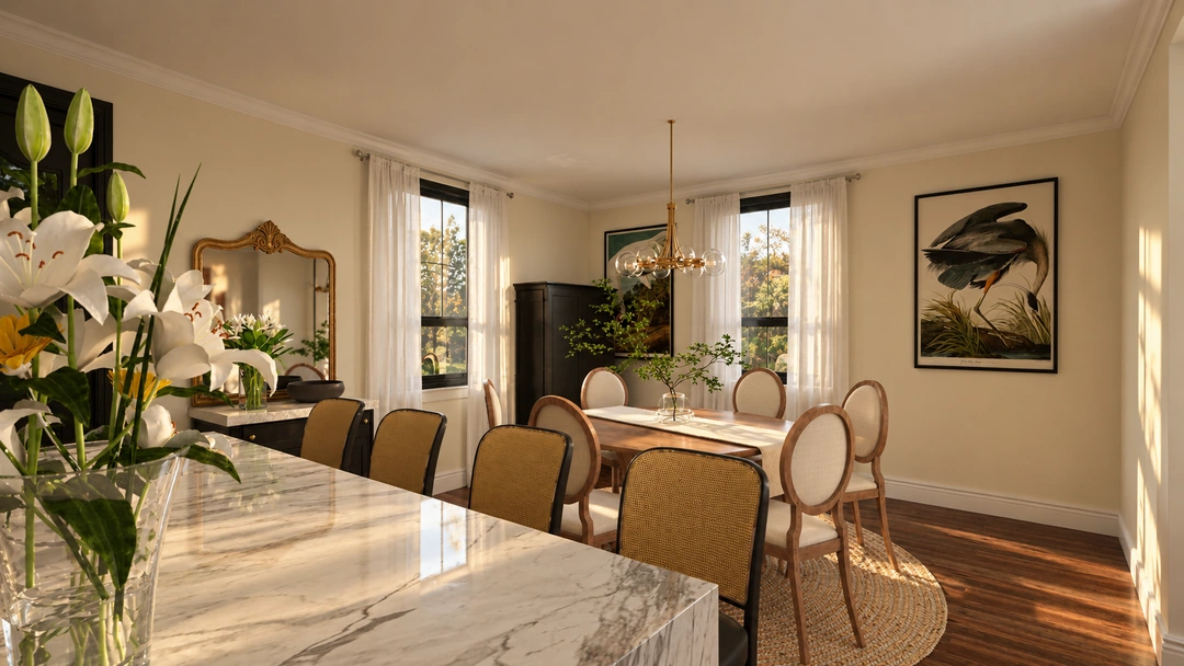 Dining room and round mirrors beneath a chandelier — Greenville, SC, Studio Dalika; project view 3