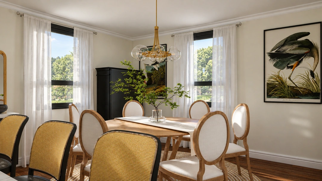 Dining table and living room beside broad garden windows — Greenville, SC, Studio Dalika; project view 4