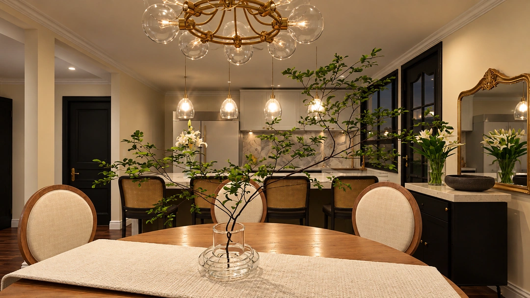 Dining room with upholstered chairs and dark windows at night — Greenville, SC, Studio Dalika; project view 5