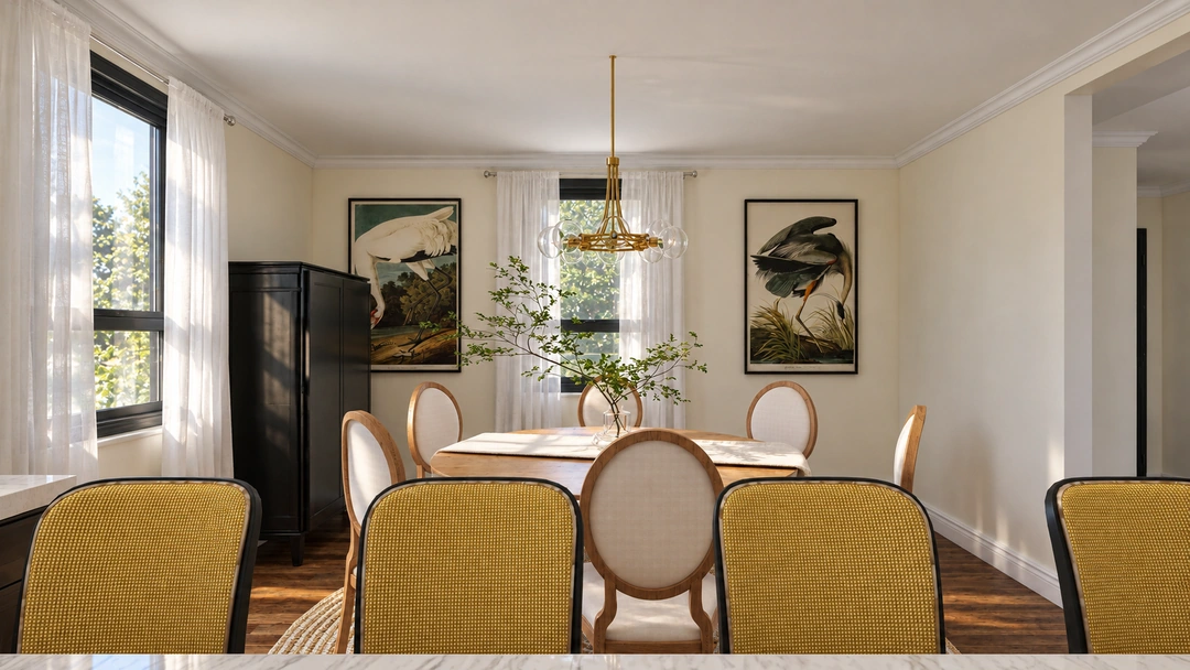Dining room and white fireplace in daylight — Greenville, SC, Studio Dalika; project view 6