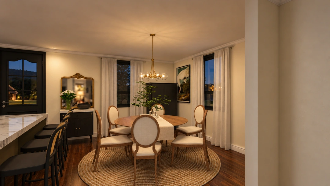 Dining table and piano in warm evening light — Greenville, SC, Studio Dalika; project view 7