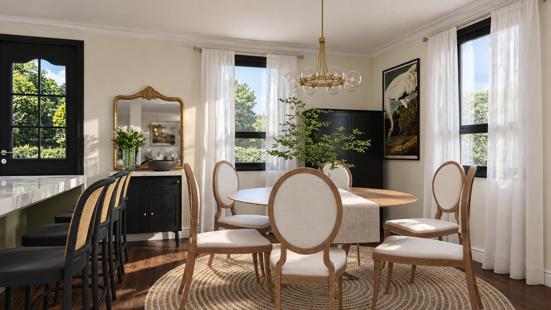 Dining table and living room in daylight — Greenville, SC, Studio Dalika; project view 8
