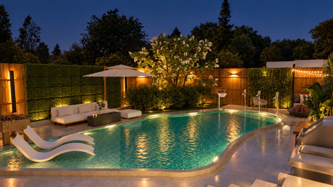 Backyard swimming pool and patio lighting at night — Garland, TX, Studio Dalika