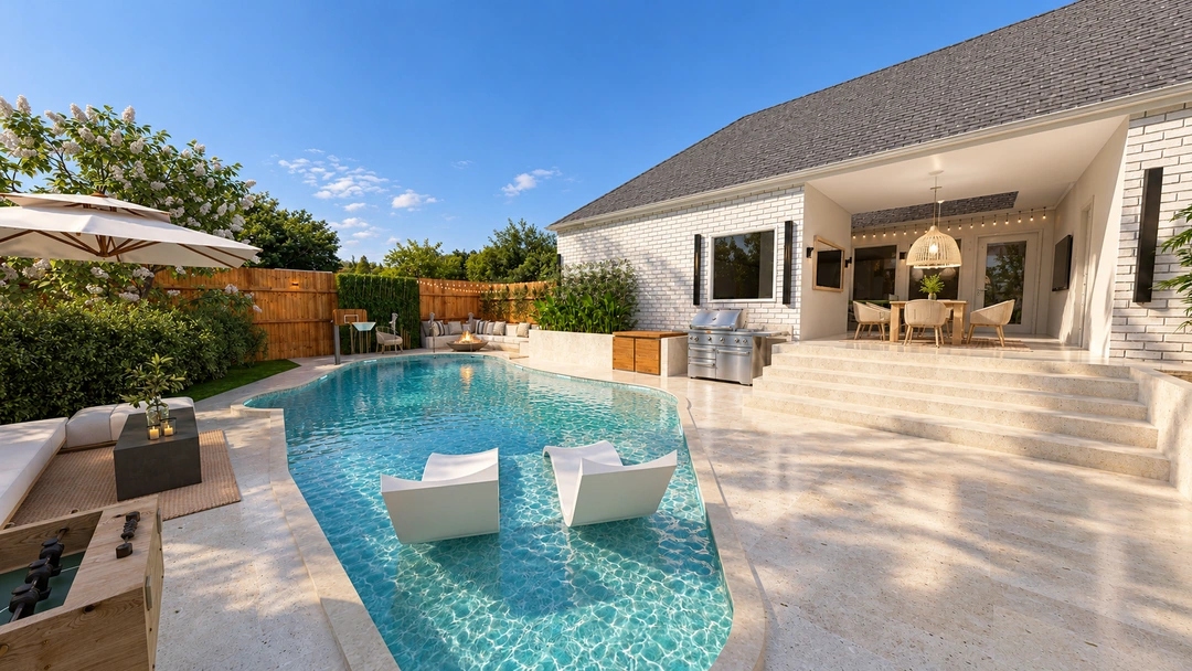 Pool and sun loungers beside a covered terrace — Garland, TX, Studio Dalika; project view 3