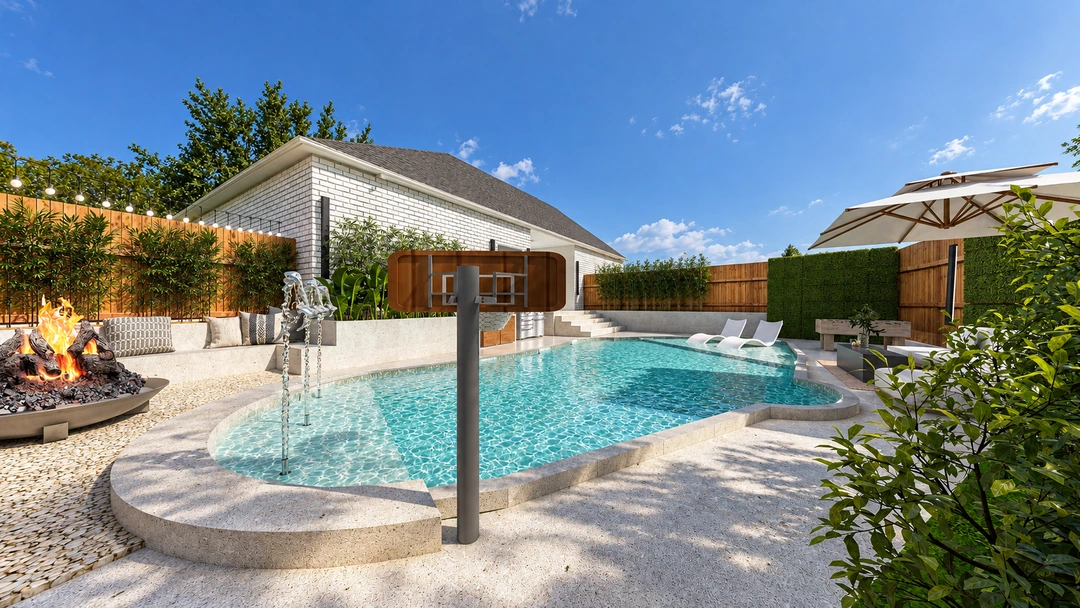 Curved swimming pool and covered outdoor living area — Garland, TX, Studio Dalika; project view 4