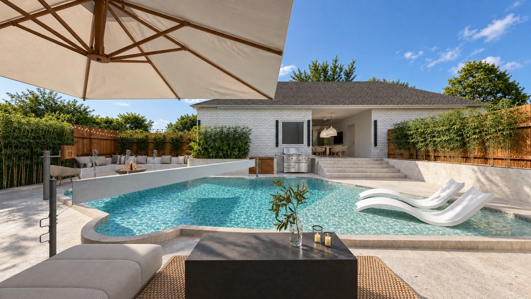 Outdoor seating overlooking a curved swimming pool — Garland, TX, Studio Dalika; project view 5