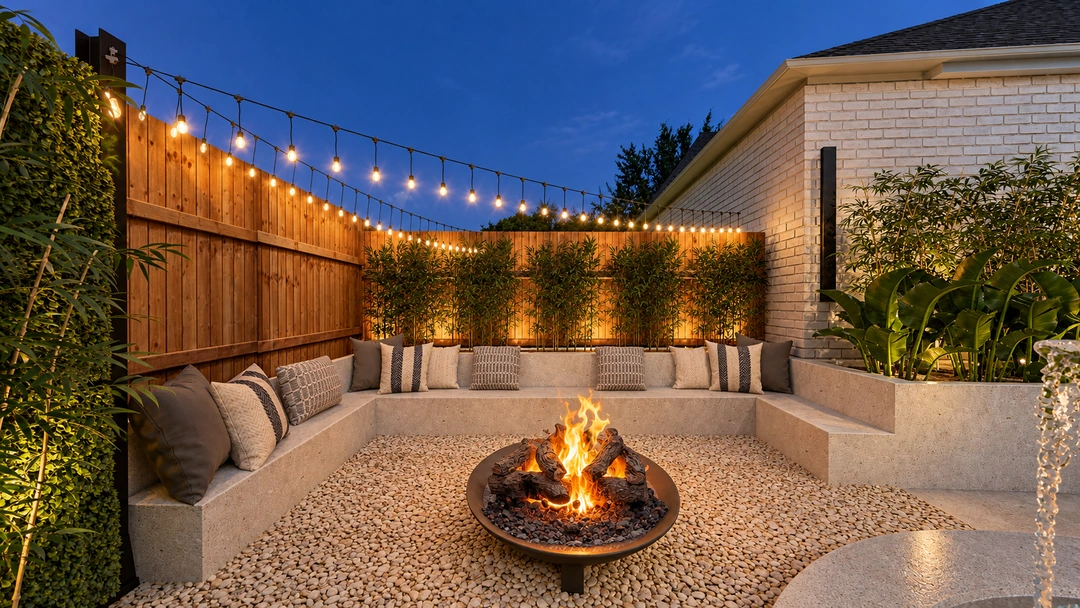 Sunken fire-pit seating beneath string lights at night — Garland, TX, Studio Dalika; project view 6