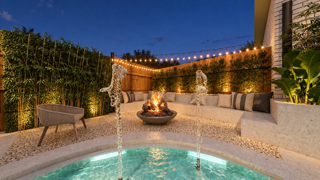 Curved pool and timber privacy fence at night — Garland, TX, Studio Dalika; project view 7