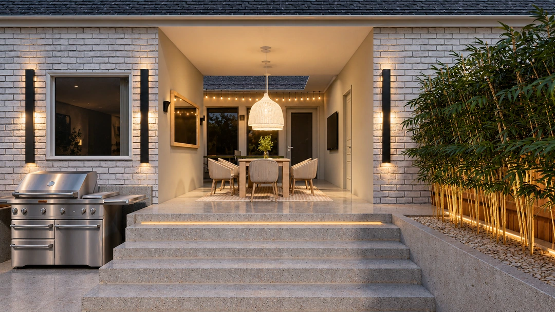 Outdoor kitchen beside illuminated garden steps at night — Garland, TX, Studio Dalika; project view 8