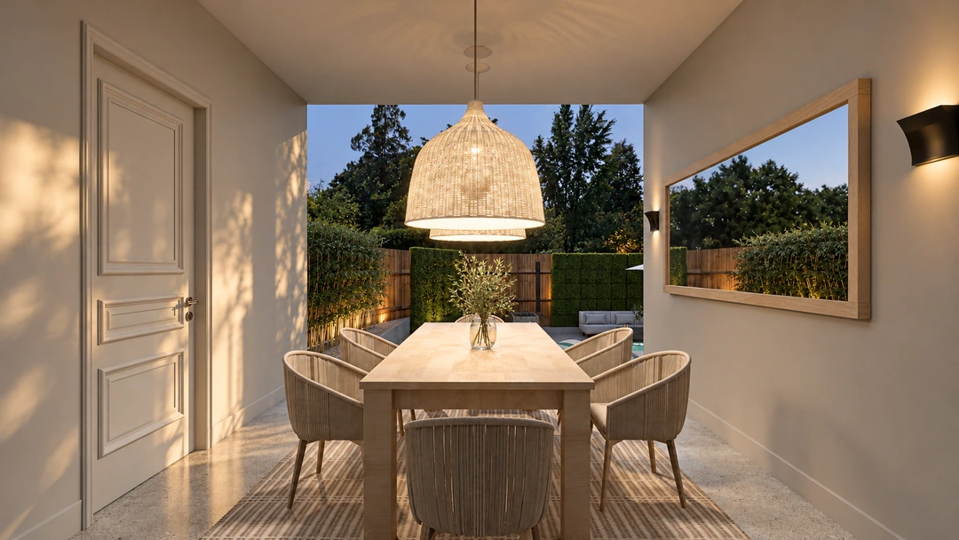 Covered outdoor dining facing the garden — Garland, TX, Studio Dalika; project view 9