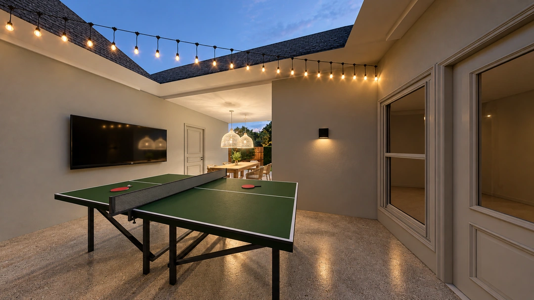 Table tennis area beneath string lights at night — Garland, TX, Studio Dalika; project view 10