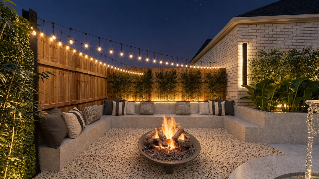 Fire-pit seating and timber privacy fence at night — Garland, TX, Studio Dalika; project view 11