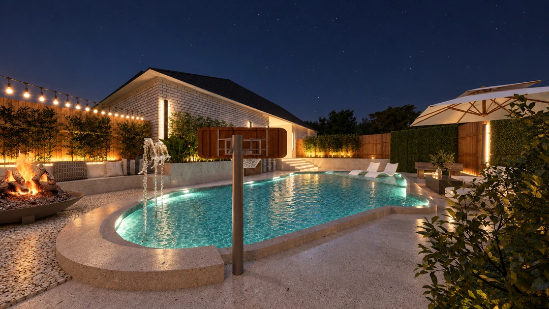 Pool and outdoor lounge under evening lighting — Garland, TX, Studio Dalika; project view 12