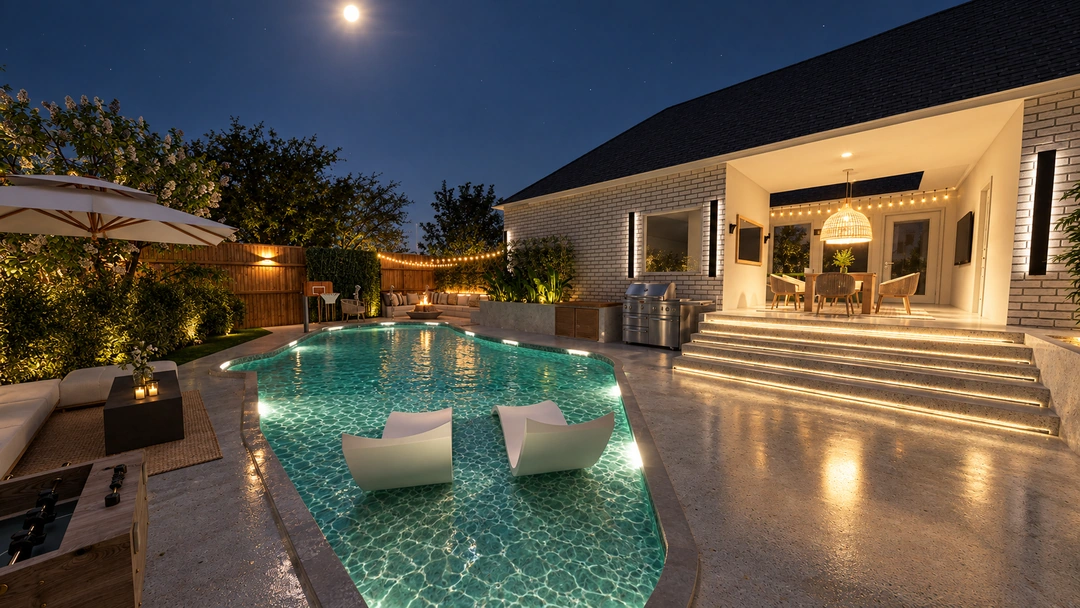 Poolside terrace beside a lit residence at night — Garland, TX, Studio Dalika; project view 13