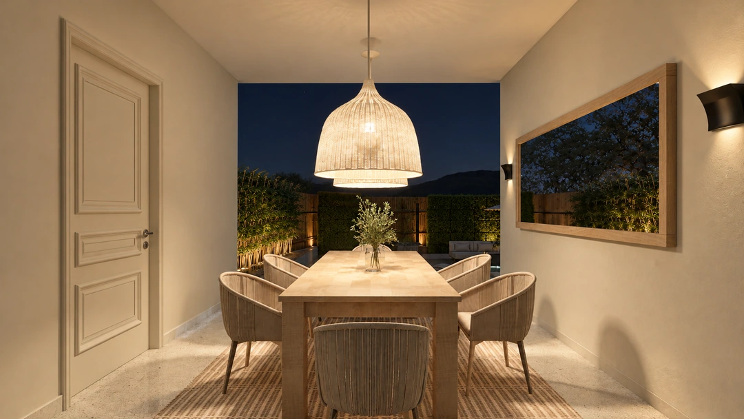 Covered outdoor dining beneath a large pendant at night — Garland, TX, Studio Dalika; project view 14