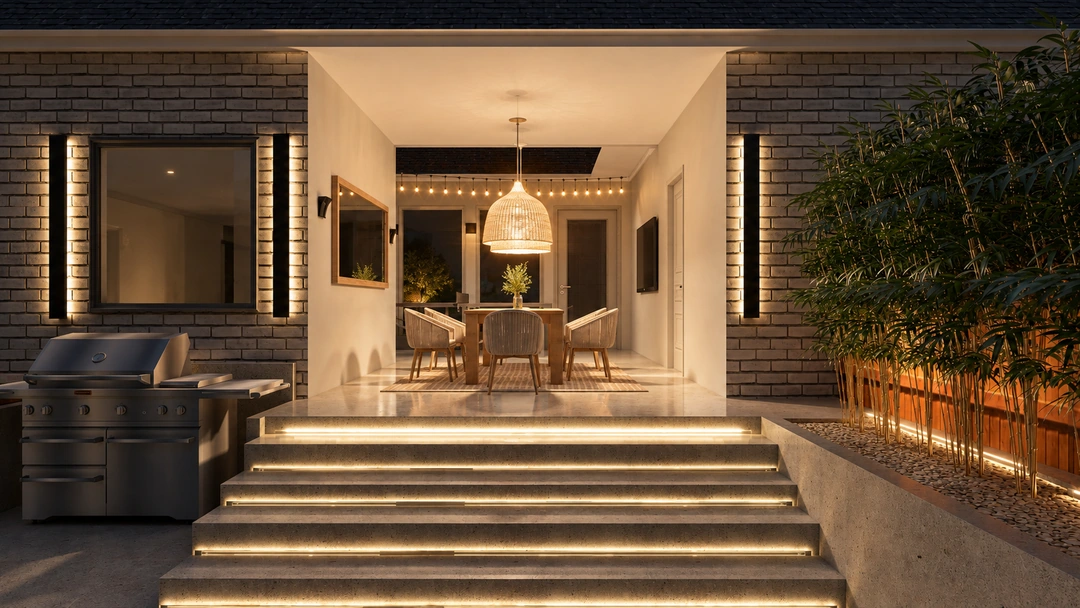Covered outdoor kitchen and broad entry steps at night — Garland, TX, Studio Dalika; project view 15