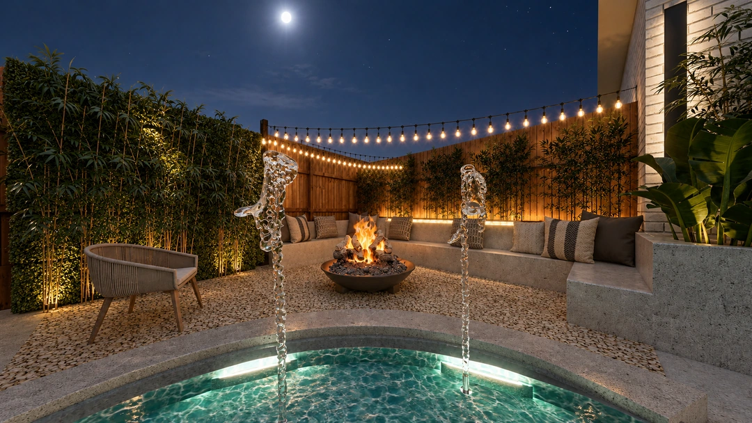 Illuminated curved pool seen across a garden terrace — Garland, TX, Studio Dalika; project view 16