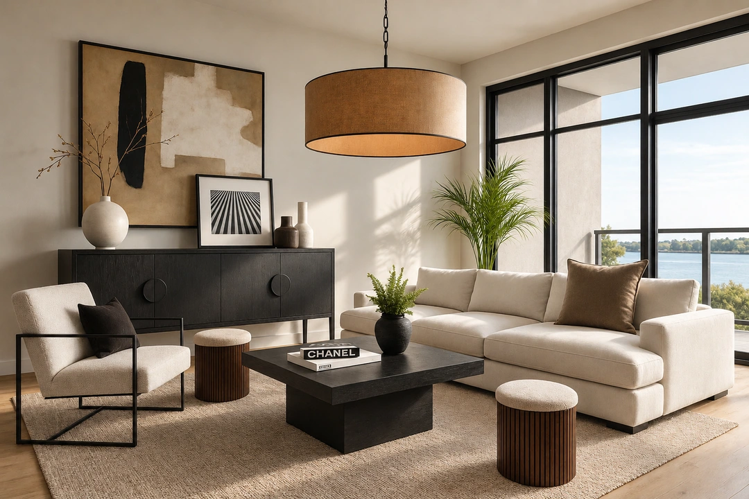 Living room with pale sofa and a black accent chair — Miami, FL, Studio Dalika