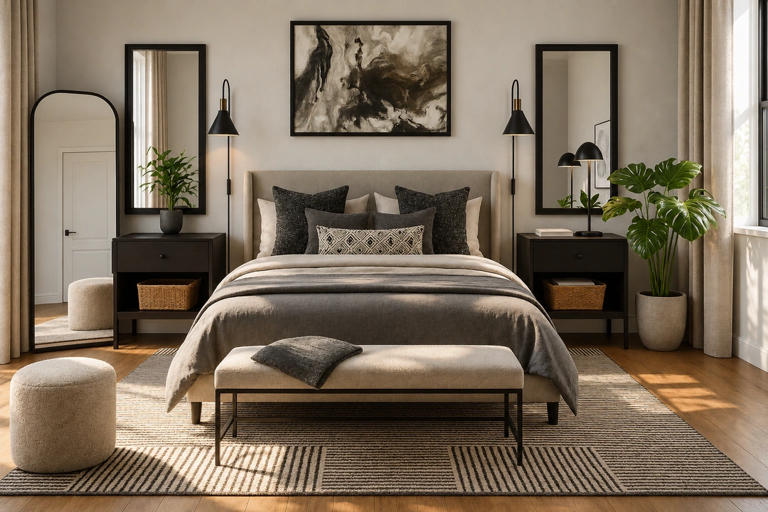 Primary bedroom with upholstered bed and dark nightstands — Agoura Hills, CA, Studio Dalika