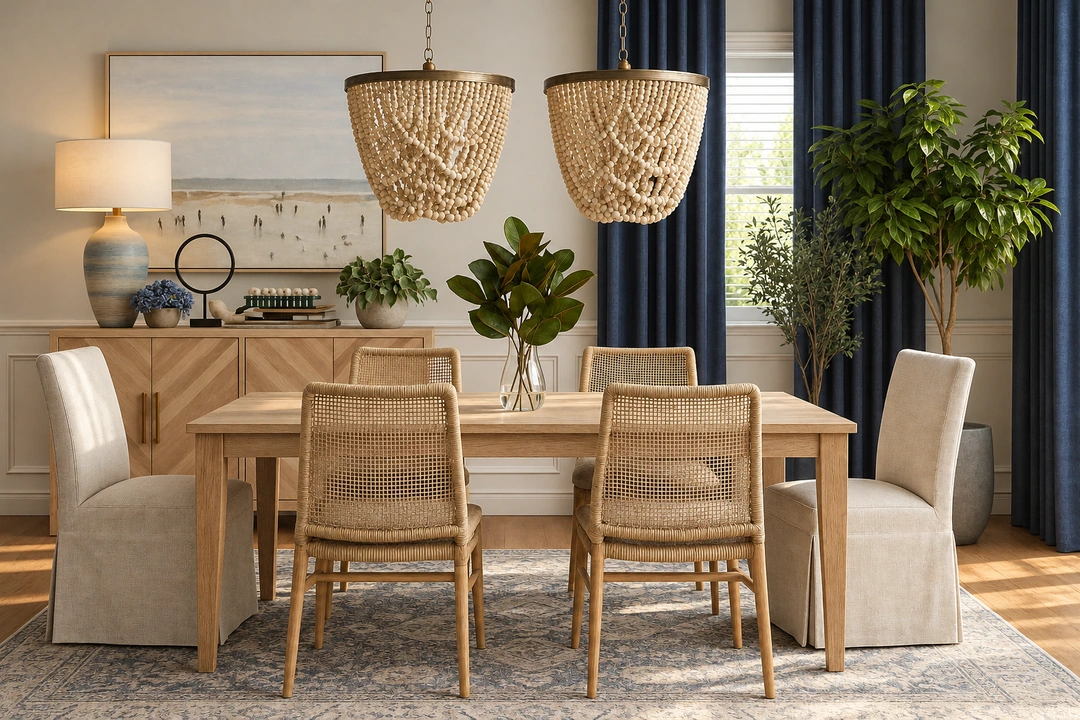 Dining table beneath woven pendant lights — Lafayette, LA, Studio Dalika
