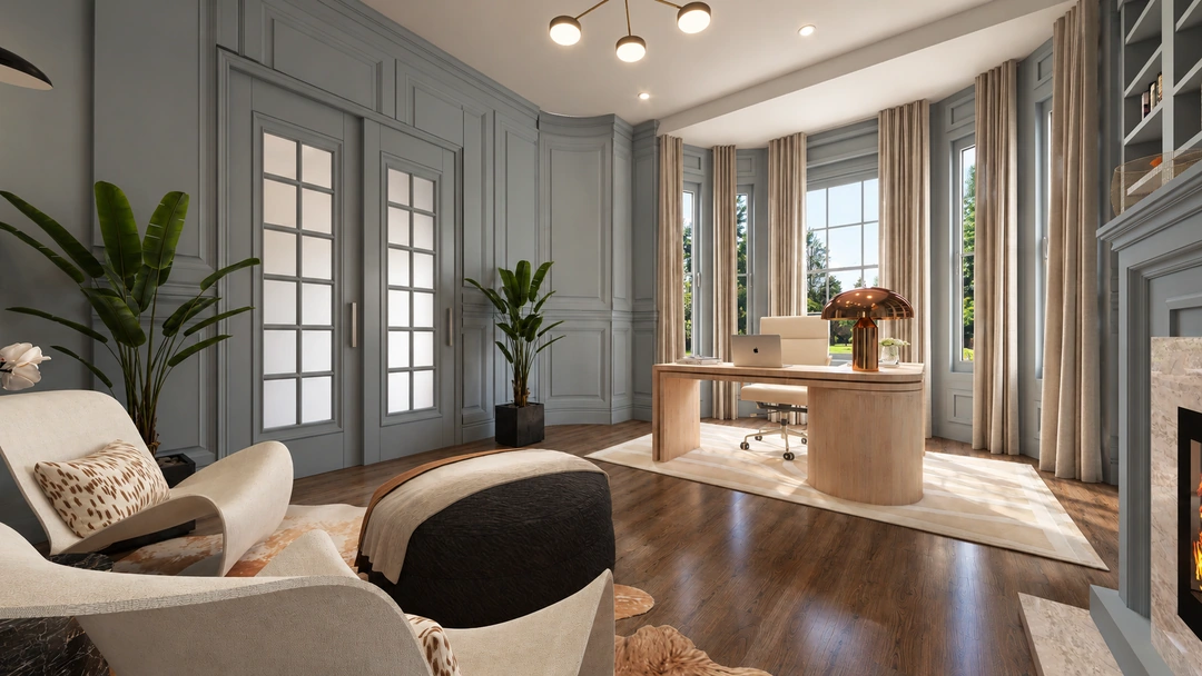 Blue living room with pale sofas and rounded tables — San Antonio, TX, Studio Dalika