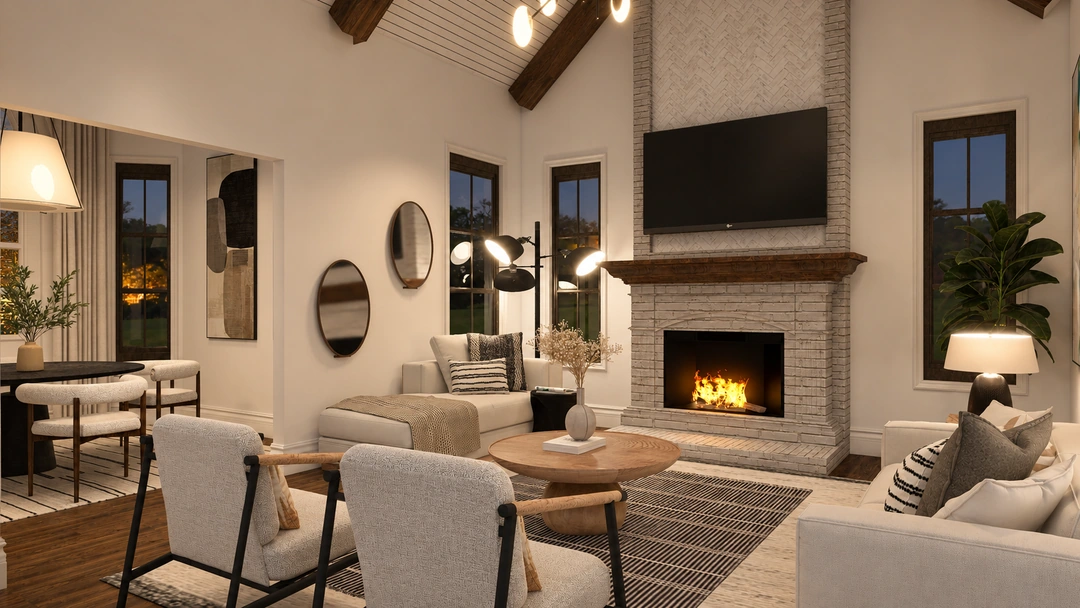 Sofa and arched windows beside a fireplace at night — San Antonio, TX, Studio Dalika