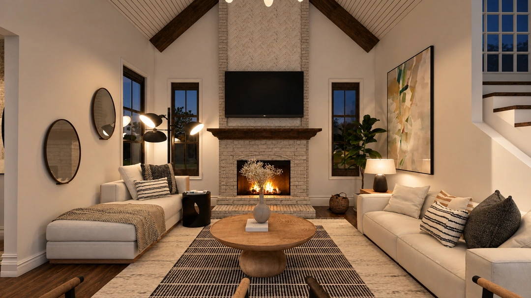 Living room with fireplace and pale seating at night — San Antonio, TX, Studio Dalika; project view 3