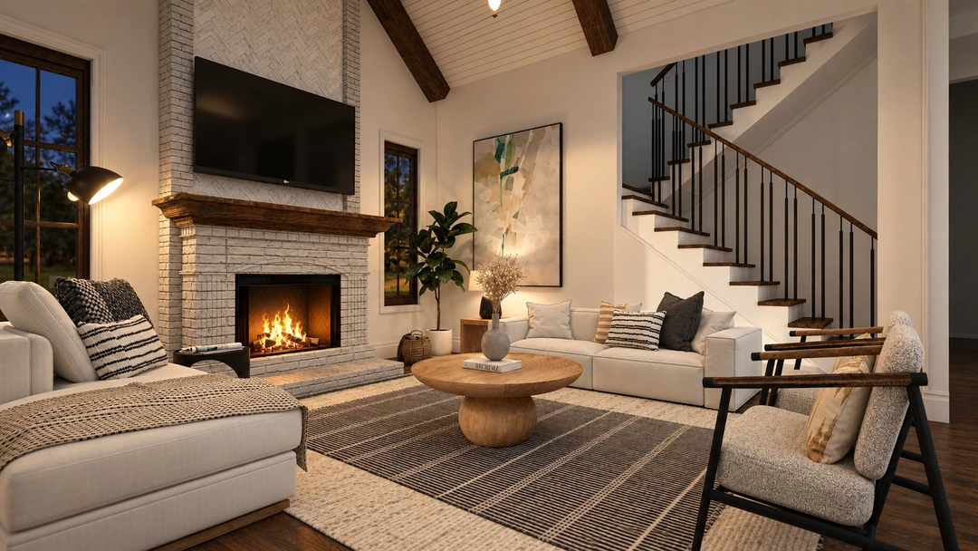 Living room with a fireplace at night — San Antonio, TX, Studio Dalika; project view 4