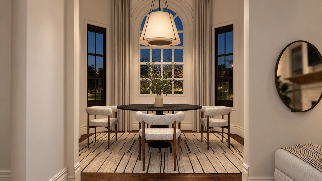 Dining table and arched window at night — San Antonio, TX, Studio Dalika; project view 5