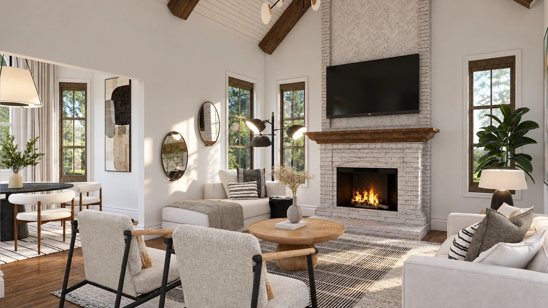Living room with a stone coffee table in daylight — San Antonio, TX, Studio Dalika; project view 6