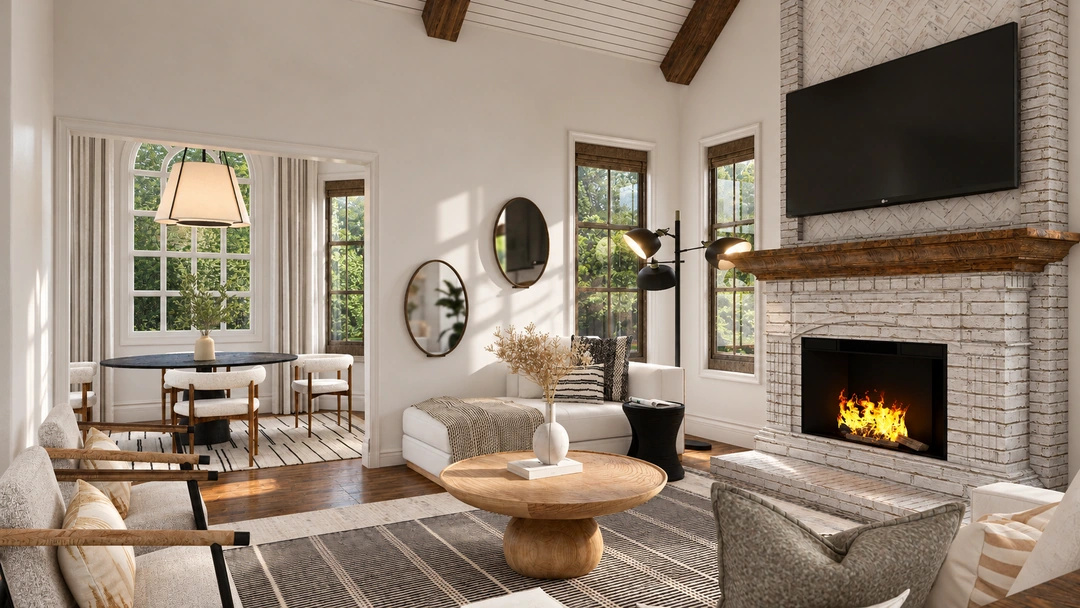 White fireplace and upholstered seating in daylight — San Antonio, TX, Studio Dalika; project view 7