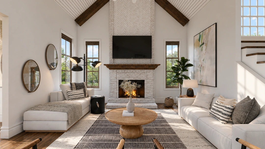 Living room beneath a timber ceiling beam — San Antonio, TX, Studio Dalika; project view 8