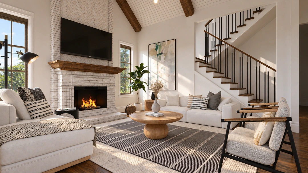 Living room beside a white stair balustrade — San Antonio, TX, Studio Dalika; project view 9